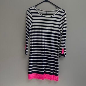 Striped Navy and White Dress with Pink Accents